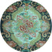 Round Machine Washable Medallion Light Blue French Rug, wshtr934lblu