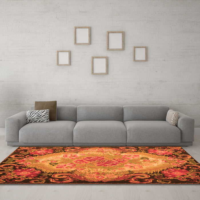 Machine Washable Medallion Orange French Area Rugs in a Living Room, wshtr934org