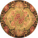 Round Machine Washable Medallion Brown French Rug, wshtr934brn