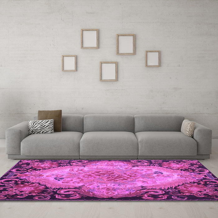 Machine Washable Medallion Purple French Area Rugs in a Living Room, wshtr934pur