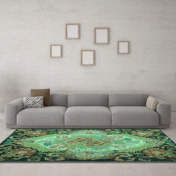 Machine Washable Medallion Turquoise French Area Rugs in a Living Room,, wshtr934turq