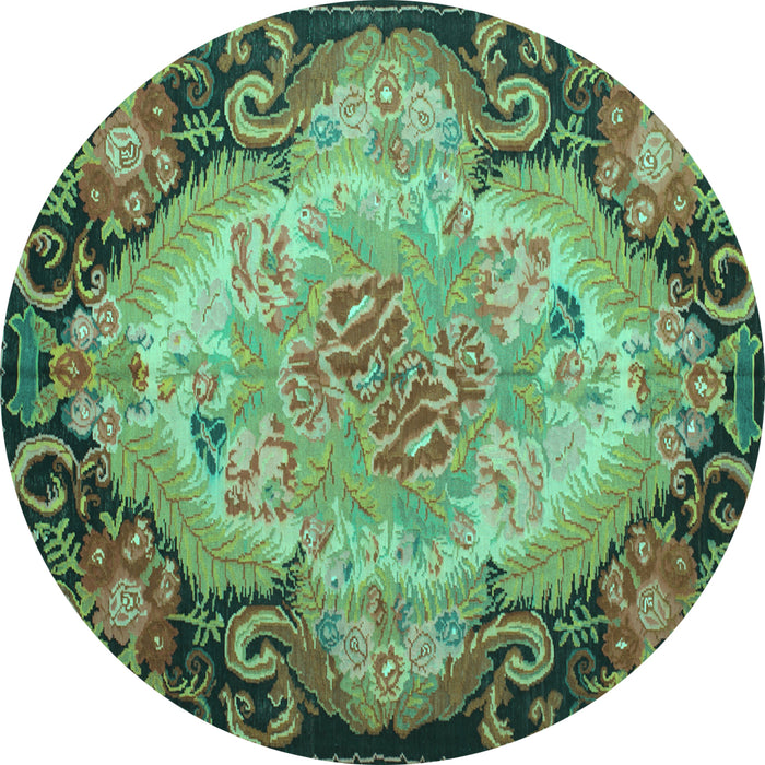 Round Machine Washable Medallion Turquoise French Area Rugs, wshtr934turq