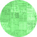Round Machine Washable Patchwork Emerald Green Transitional Area Rugs, wshtr935emgrn