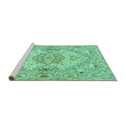 Sideview of Machine Washable Persian Turquoise Traditional Area Rugs, wshtr939turq