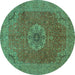 Round Machine Washable Medallion Turquoise Traditional Area Rugs, wshtr93turq