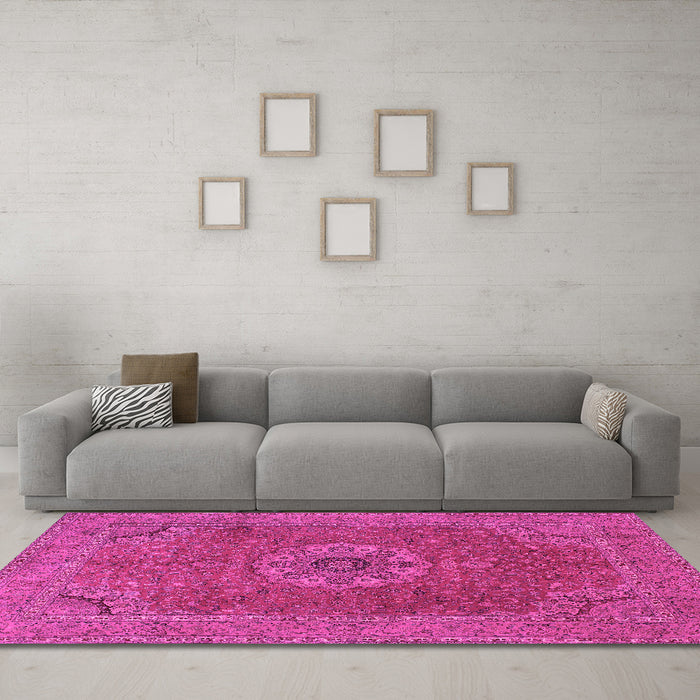 Machine Washable Medallion Pink Traditional Rug in a Living Room, wshtr93pnk