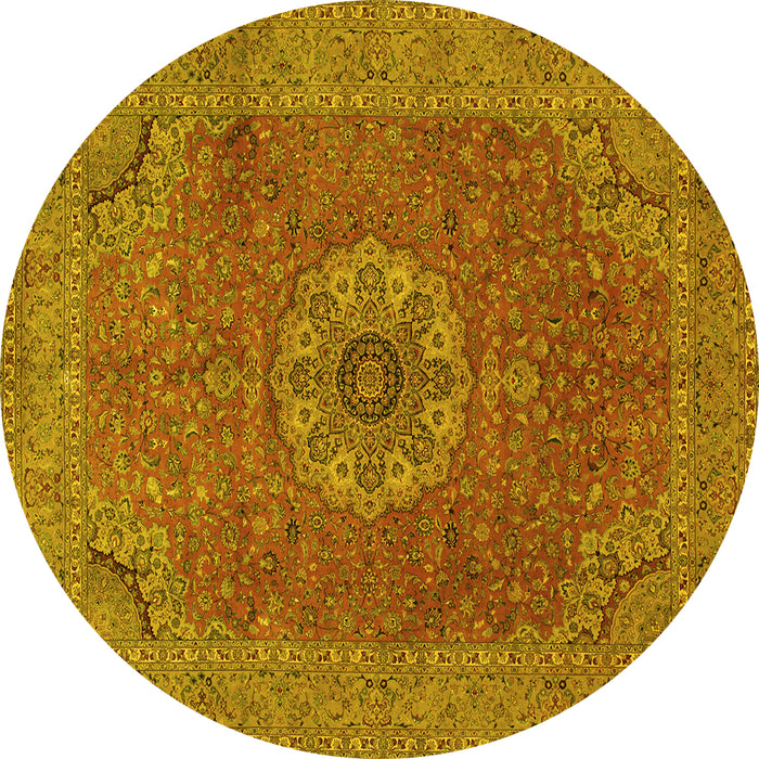 Round Machine Washable Medallion Yellow Traditional Rug, wshtr93yw