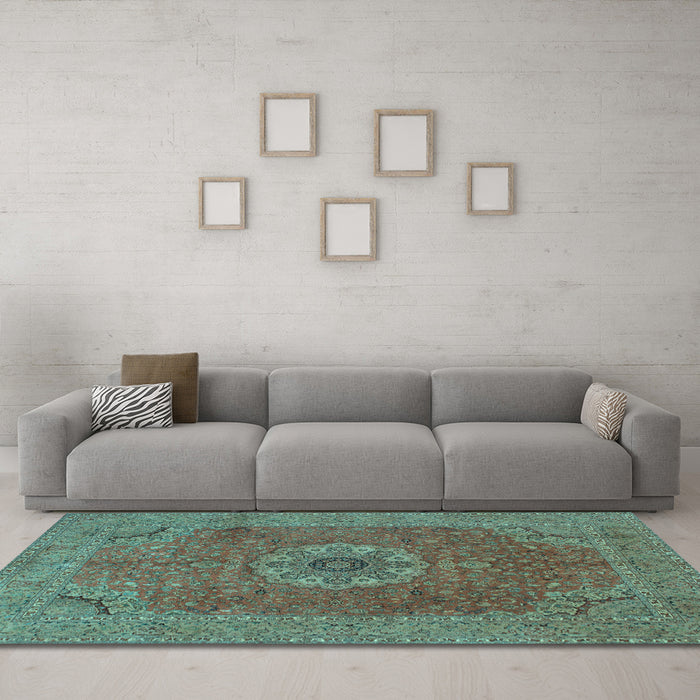 Machine Washable Medallion Light Blue Traditional Rug in a Living Room, wshtr93lblu