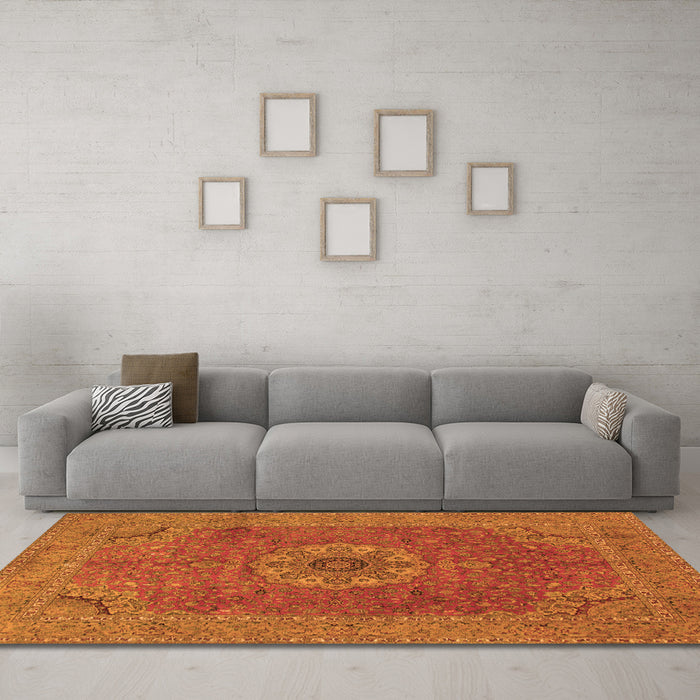 Machine Washable Medallion Orange Traditional Area Rugs in a Living Room, wshtr93org