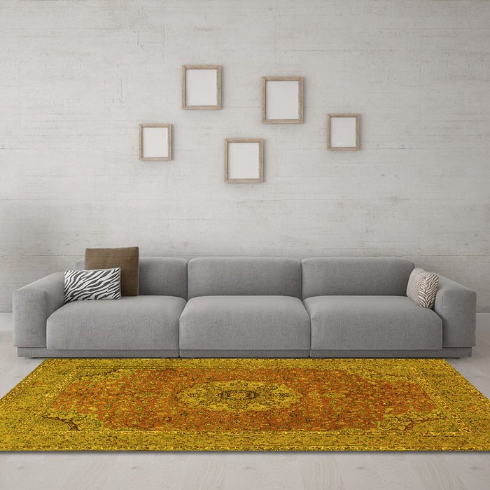 Machine Washable Medallion Yellow Traditional Rug in a Living Room, wshtr93yw