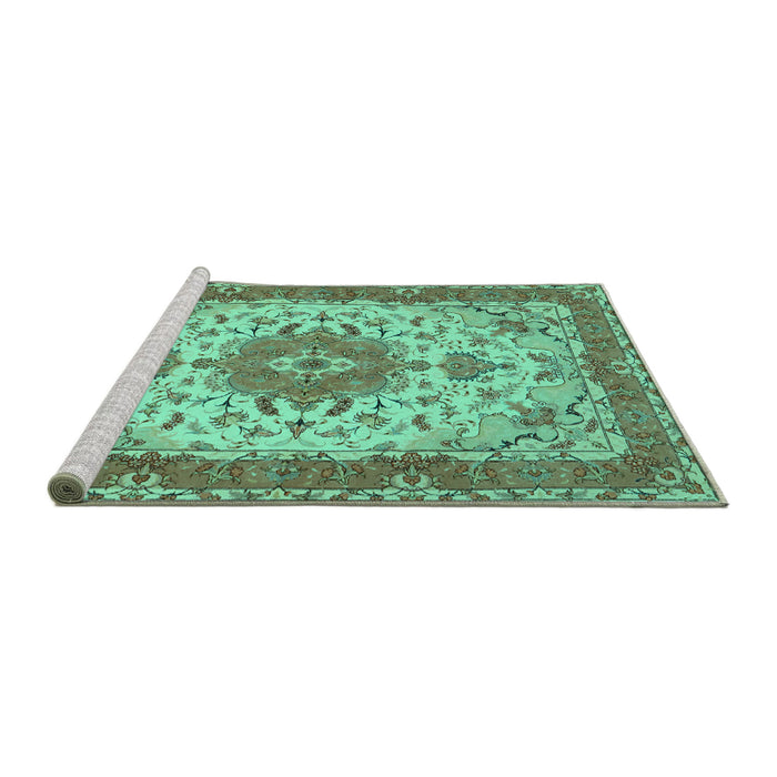 Sideview of Machine Washable Persian Turquoise Traditional Area Rugs, wshtr940turq