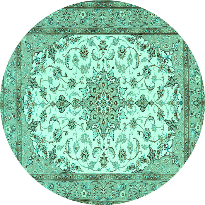 Round Machine Washable Medallion Turquoise Traditional Area Rugs, wshtr943turq