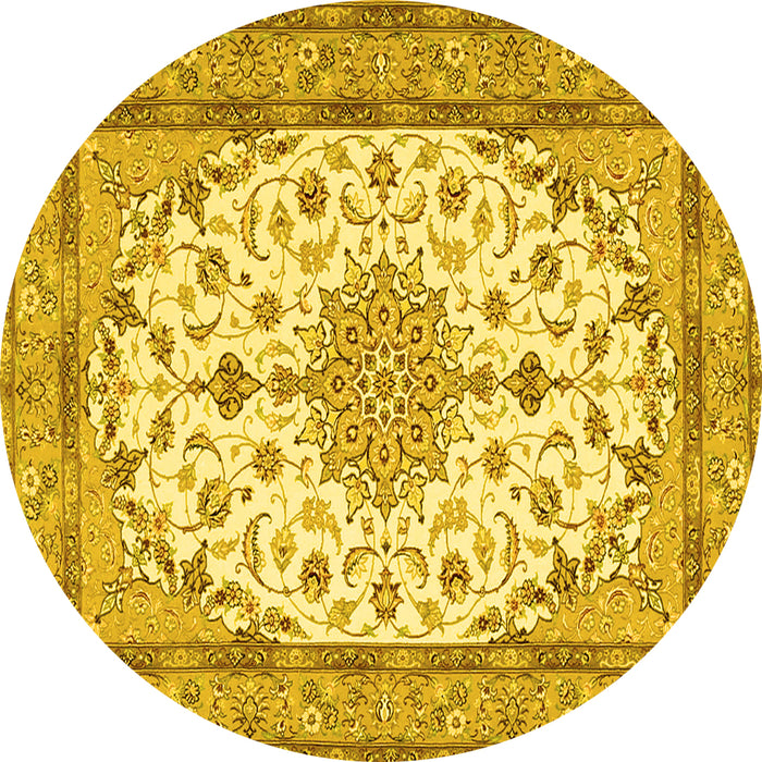 Round Machine Washable Medallion Yellow Traditional Rug, wshtr943yw