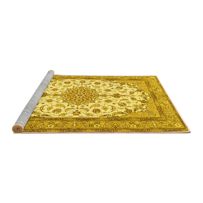 Sideview of Machine Washable Medallion Yellow Traditional Rug, wshtr943yw