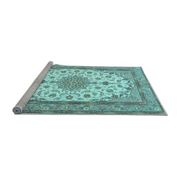 Sideview of Machine Washable Medallion Light Blue Traditional Rug, wshtr943lblu