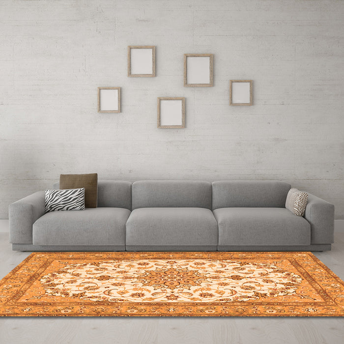 Machine Washable Medallion Orange Traditional Area Rugs in a Living Room, wshtr943org