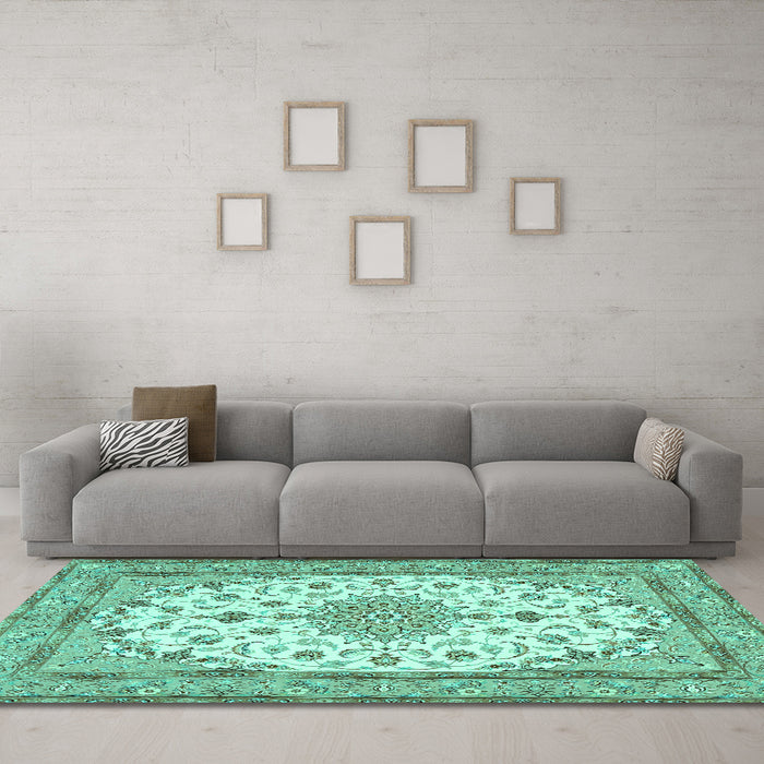 Machine Washable Medallion Turquoise Traditional Area Rugs in a Living Room,, wshtr943turq