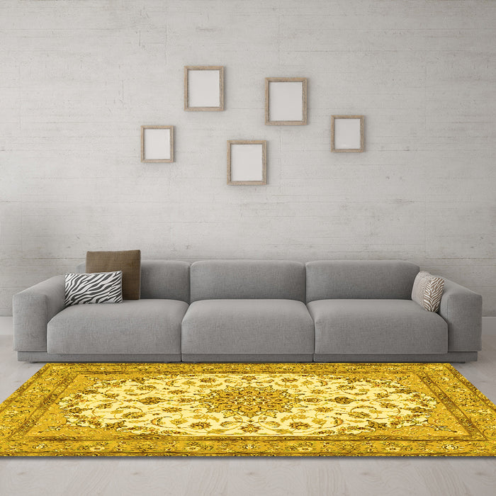 Machine Washable Medallion Yellow Traditional Rug in a Living Room, wshtr943yw