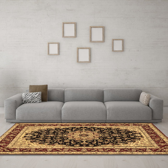 Machine Washable Medallion Brown Traditional Rug in a Living Room,, wshtr945brn