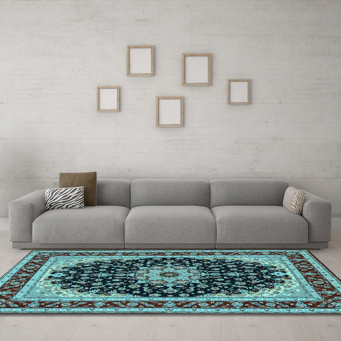 Machine Washable Medallion Light Blue Traditional Rug in a Living Room, wshtr945lblu