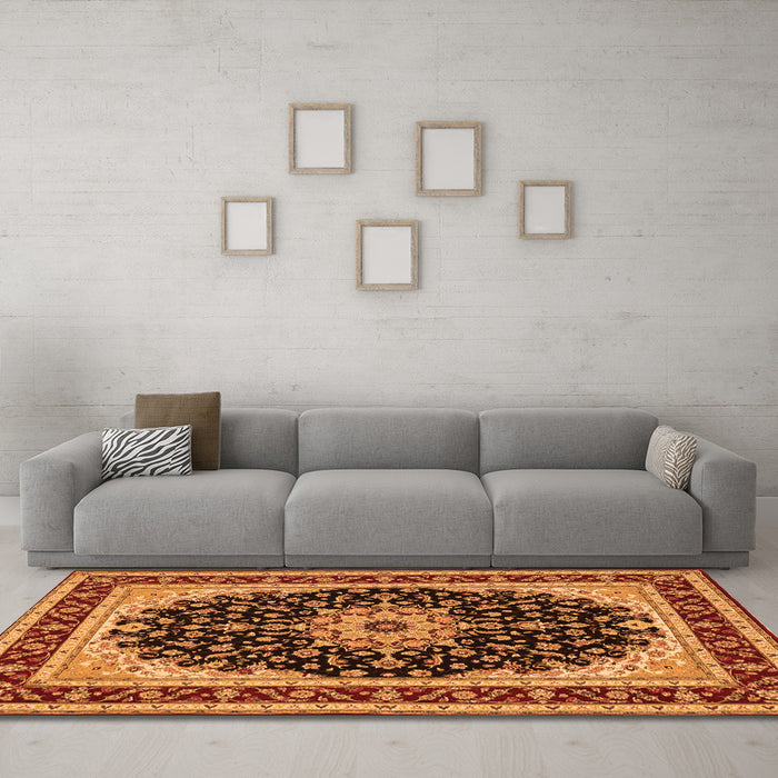 Machine Washable Medallion Orange Traditional Area Rugs in a Living Room, wshtr945org