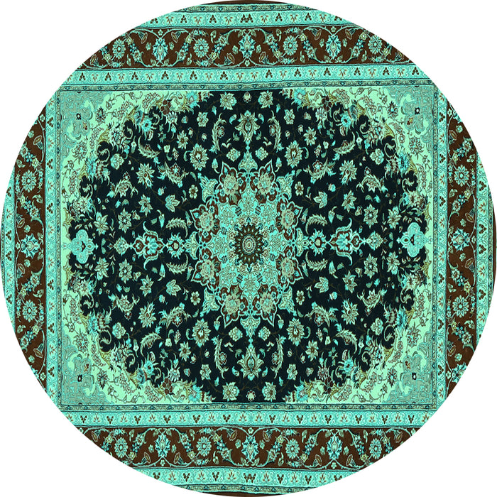Round Machine Washable Medallion Turquoise Traditional Area Rugs, wshtr945turq