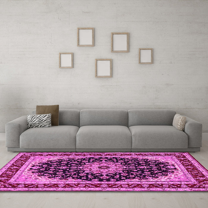 Machine Washable Medallion Pink Traditional Rug in a Living Room, wshtr945pnk