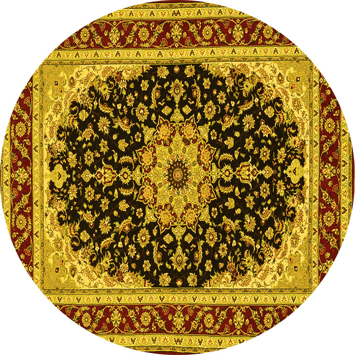 Round Machine Washable Medallion Yellow Traditional Rug, wshtr945yw