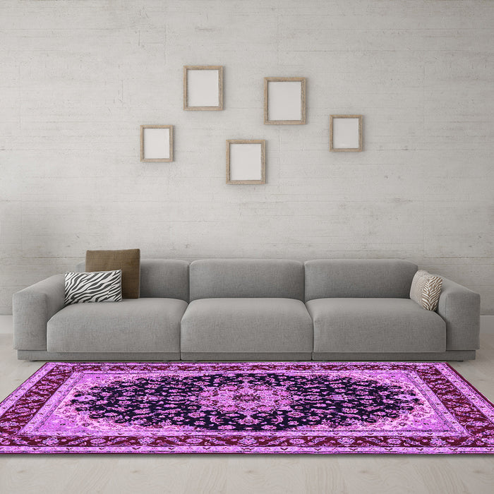 Machine Washable Medallion Purple Traditional Area Rugs in a Living Room, wshtr945pur