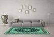 Machine Washable Medallion Turquoise Traditional Area Rugs in a Living Room,, wshtr945turq