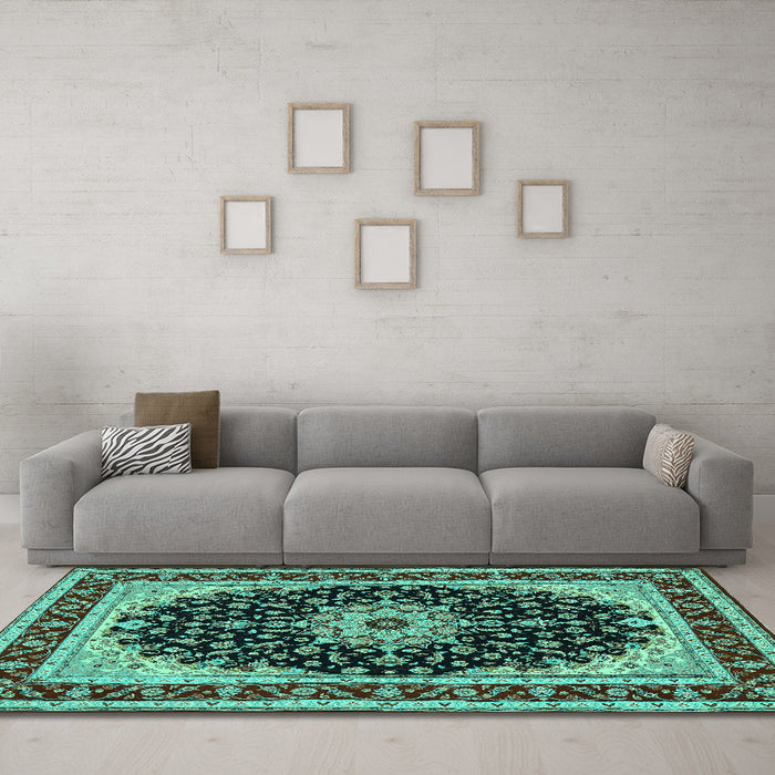Machine Washable Medallion Turquoise Traditional Area Rugs in a Living Room,, wshtr945turq