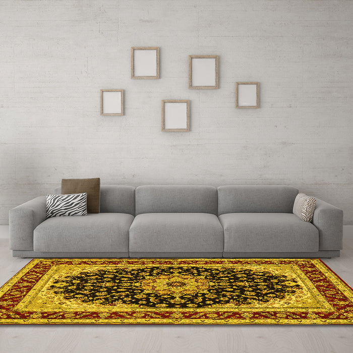 Machine Washable Medallion Yellow Traditional Rug in a Living Room, wshtr945yw