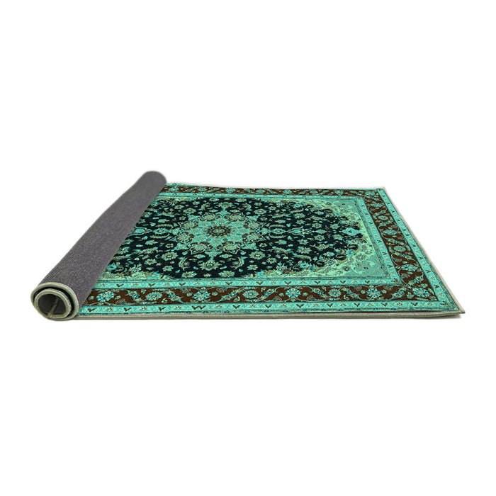 Sideview of Medallion Turquoise Traditional Rug, tr945turq