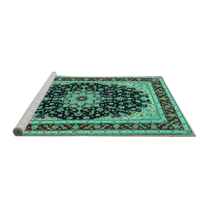 Sideview of Machine Washable Medallion Turquoise Traditional Area Rugs, wshtr945turq