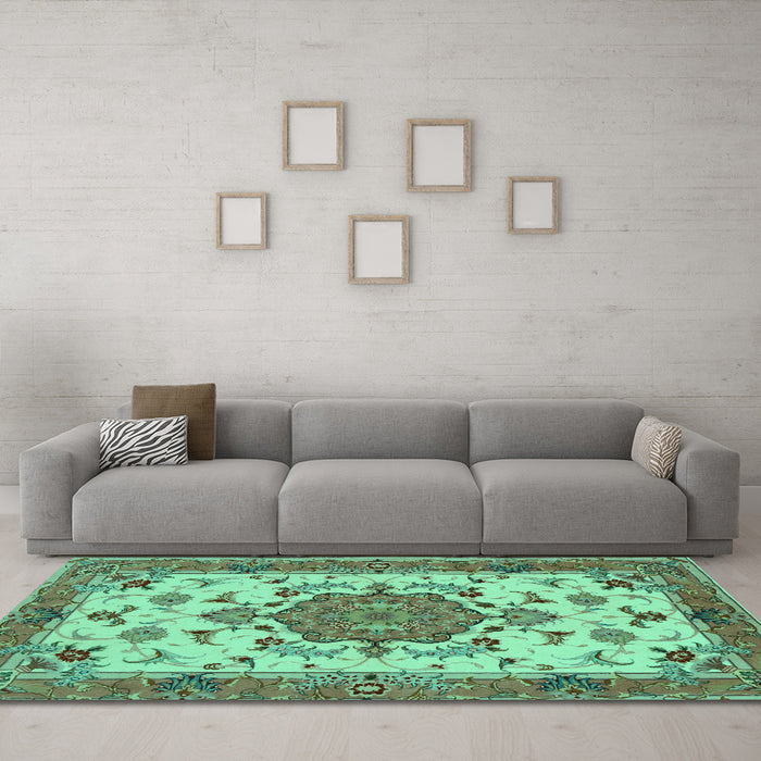 Machine Washable Persian Turquoise Traditional Area Rugs in a Living Room,, wshtr946turq
