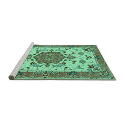 Sideview of Machine Washable Persian Turquoise Traditional Area Rugs, wshtr946turq