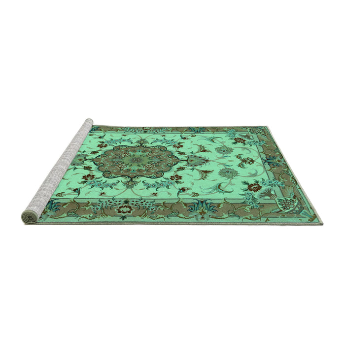 Sideview of Machine Washable Persian Turquoise Traditional Area Rugs, wshtr946turq