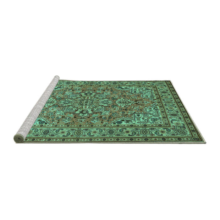 Sideview of Machine Washable Persian Turquoise Traditional Area Rugs, wshtr947turq