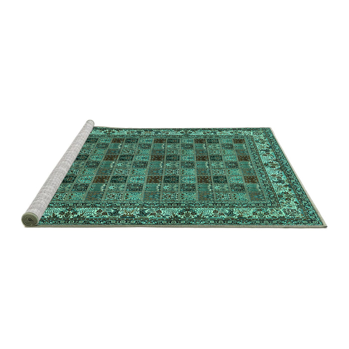 Sideview of Machine Washable Persian Turquoise Traditional Area Rugs, wshtr948turq