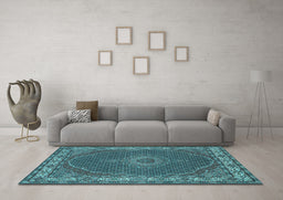 Machine Washable Medallion Light Blue Traditional Rug in a Living Room, wshtr949lblu