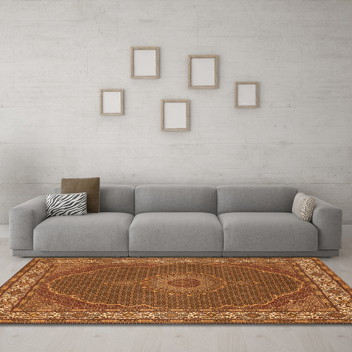 Machine Washable Medallion Orange Traditional Area Rugs in a Living Room, wshtr949org