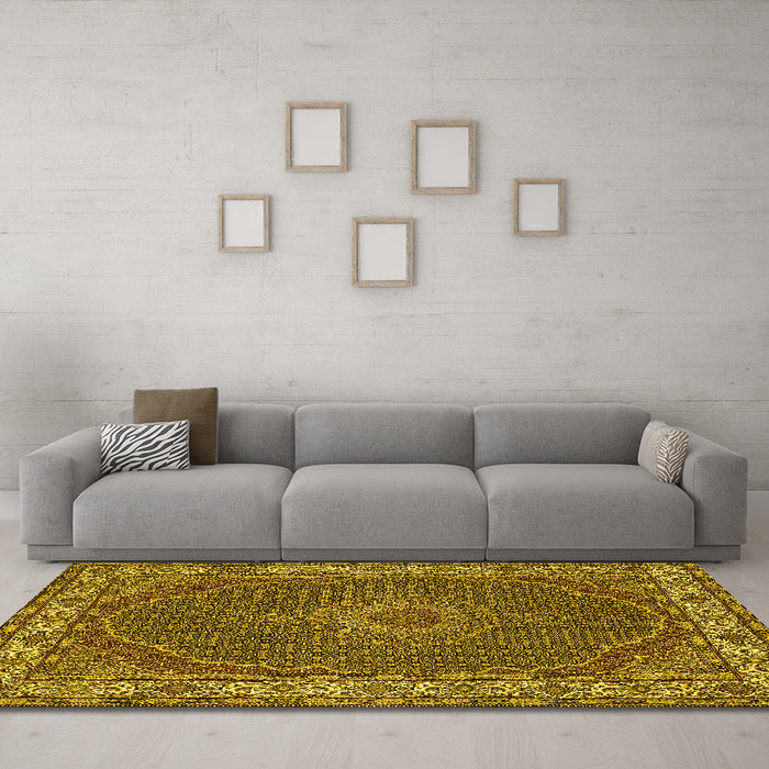 Machine Washable Medallion Yellow Traditional Rug in a Living Room, wshtr949yw