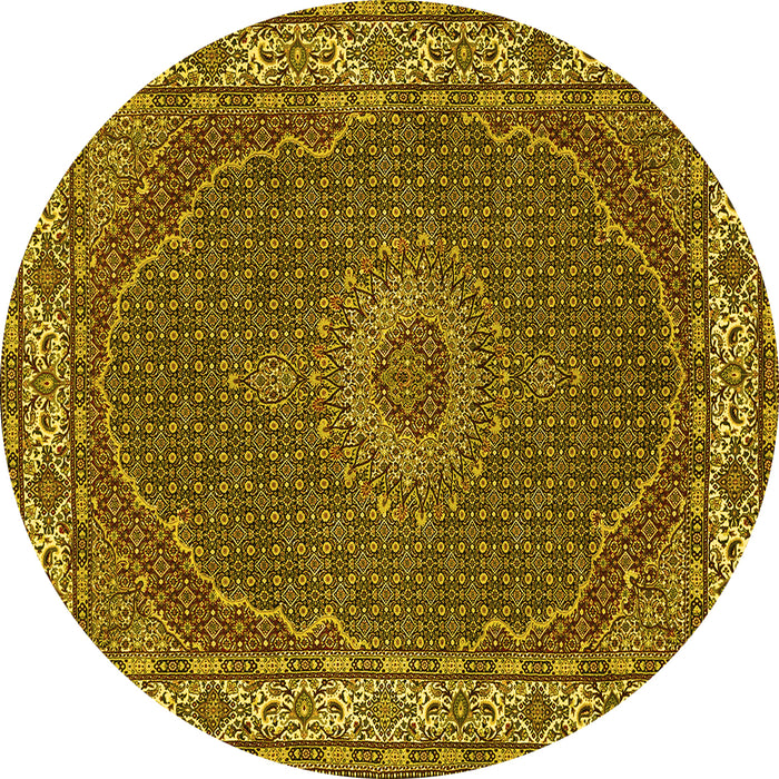 Round Machine Washable Medallion Yellow Traditional Rug, wshtr949yw