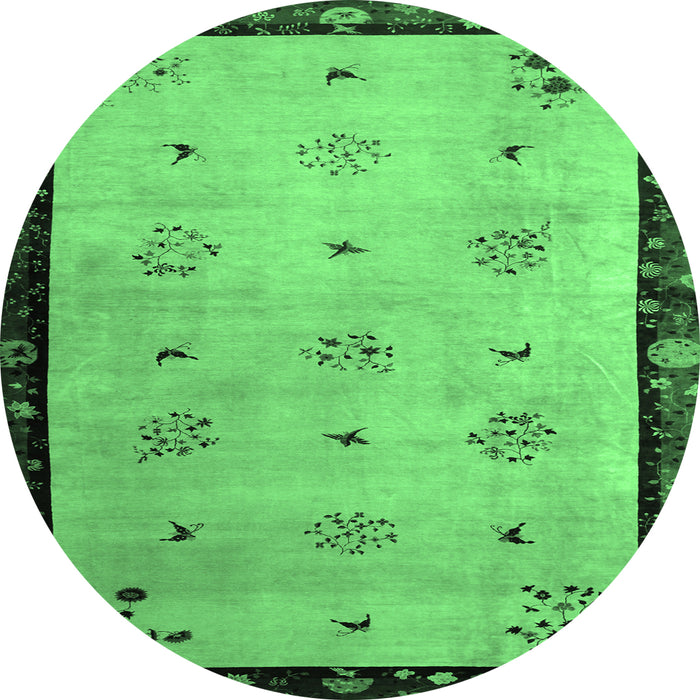 Round Machine Washable Oriental Emerald Green Asian Inspired Area Rugs, wshtr94emgrn