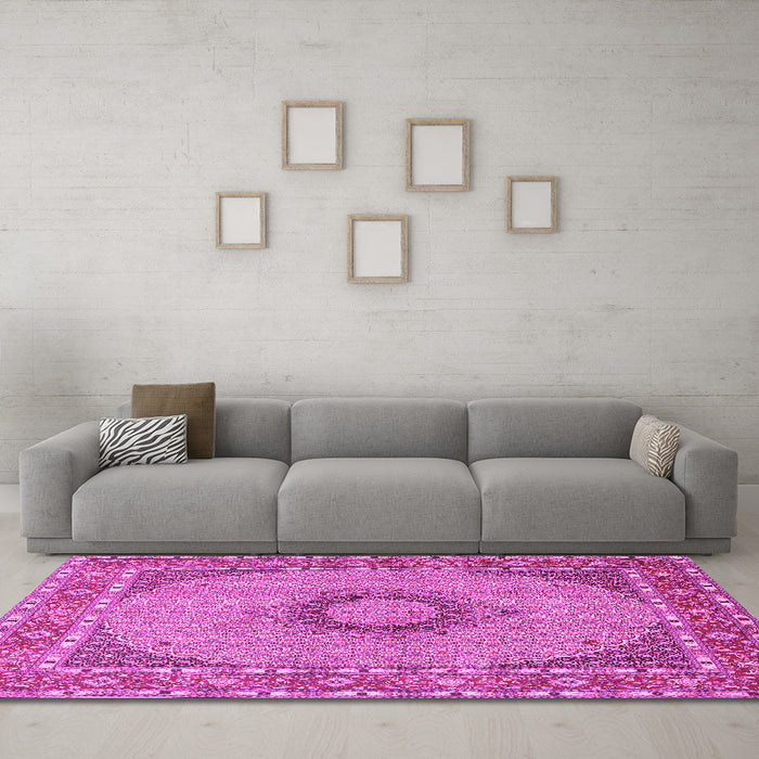 Machine Washable Medallion Pink Traditional Rug in a Living Room, wshtr952pnk