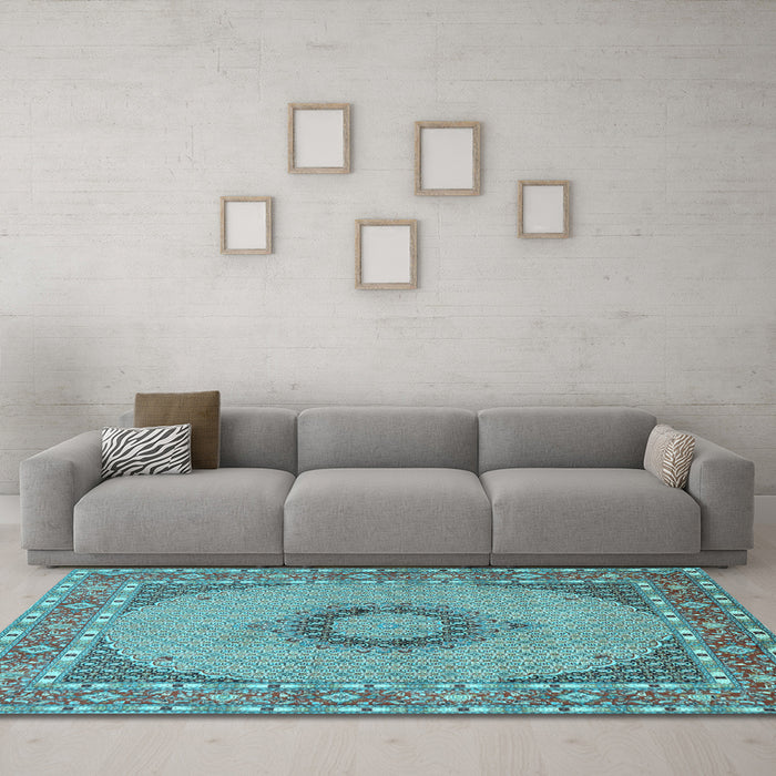 Machine Washable Medallion Light Blue Traditional Rug in a Living Room, wshtr952lblu
