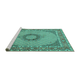 Sideview of Machine Washable Medallion Turquoise Traditional Area Rugs, wshtr952turq