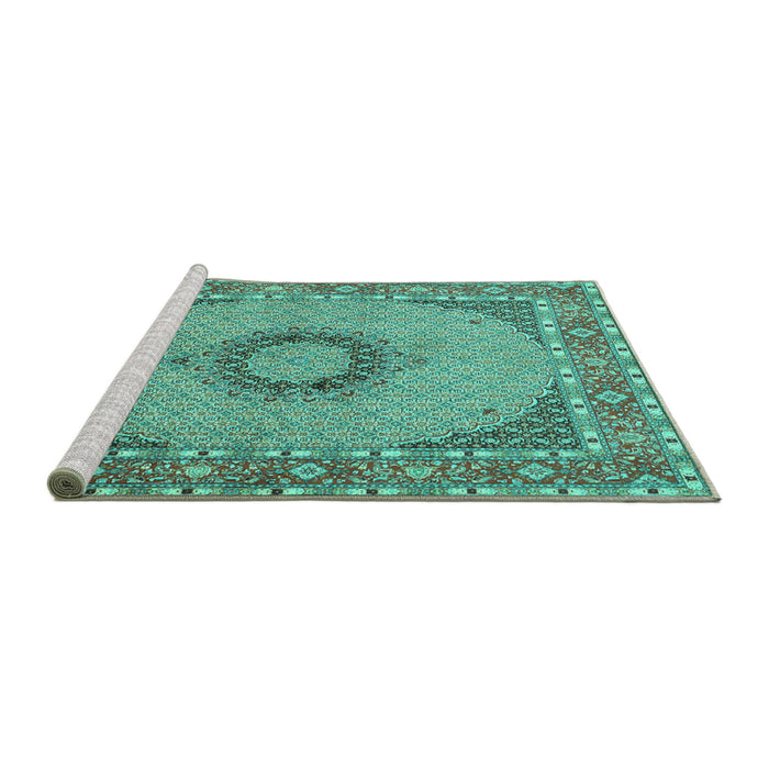 Sideview of Machine Washable Medallion Turquoise Traditional Area Rugs, wshtr952turq