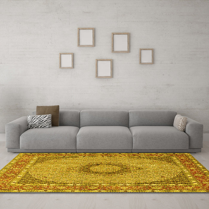 Machine Washable Medallion Yellow Traditional Rug in a Living Room, wshtr952yw