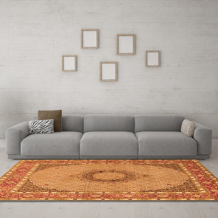 Machine Washable Medallion Orange Traditional Area Rugs in a Living Room, wshtr952org